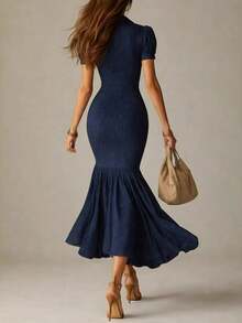 2026 elegante y casual vestido de cola de pescado a rayas de mujer de manga corta nuevo - Azul - Ver 2