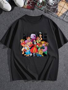 El estampado muestra a un grupo animado de piratas con expresiones divertidas que simbolizan aventura libertad y espíritu rebelde mezclando colores vivos y tesoros dorados para transmitir energía positiva camiseta de mujer  cómoda y perfecta para un look casual - Negro - Ver 3