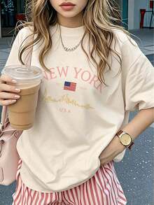 Camiseta de manga corta de mujer de ajuste holgado con cuello redondo y estampado de eslogan, nueva y casual para el verano, moda diaria y de vacaciones, adecuada para el día a día y las vacaciones,Playera Gráfica Oversized Mujer Verano Casual - Albaricoque - Ver 7
