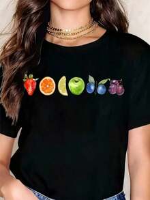 Camiseta Casual de Moda para Mujer, Corte Holgado, Cuello Redondo, Manga Corta, Estampado de Frutas: Fresa, Naranja, Limón, Manzana, Arándano, Ciruela, Camiseta Gráfica para Uso Diario, Ropa de Verano, 100% Algodón, Duradera - Negro - Ver 2