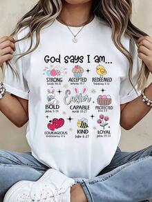 Camiseta Moderna y Minimalista para Mujer, con Frases Bíblicas de Pascua: "Dios Dice Que Soy Fuerte, Aceptada, Redimida, Audaz, Capaz, Protegida, Valiente, Amable, Leal", con Lindos Animales y Flores, Ropa Casual de Primavera para Mujer, para Uso Diario Informal. - Blanco - Ver 1