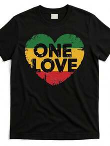 Summer Tops: Reggae Heart One Love T-Shirt – Black, Unisex, Short Sleeve, 220g Pure Cotton – Ideal For Reggae Fans & Summer. - Black - View 1
