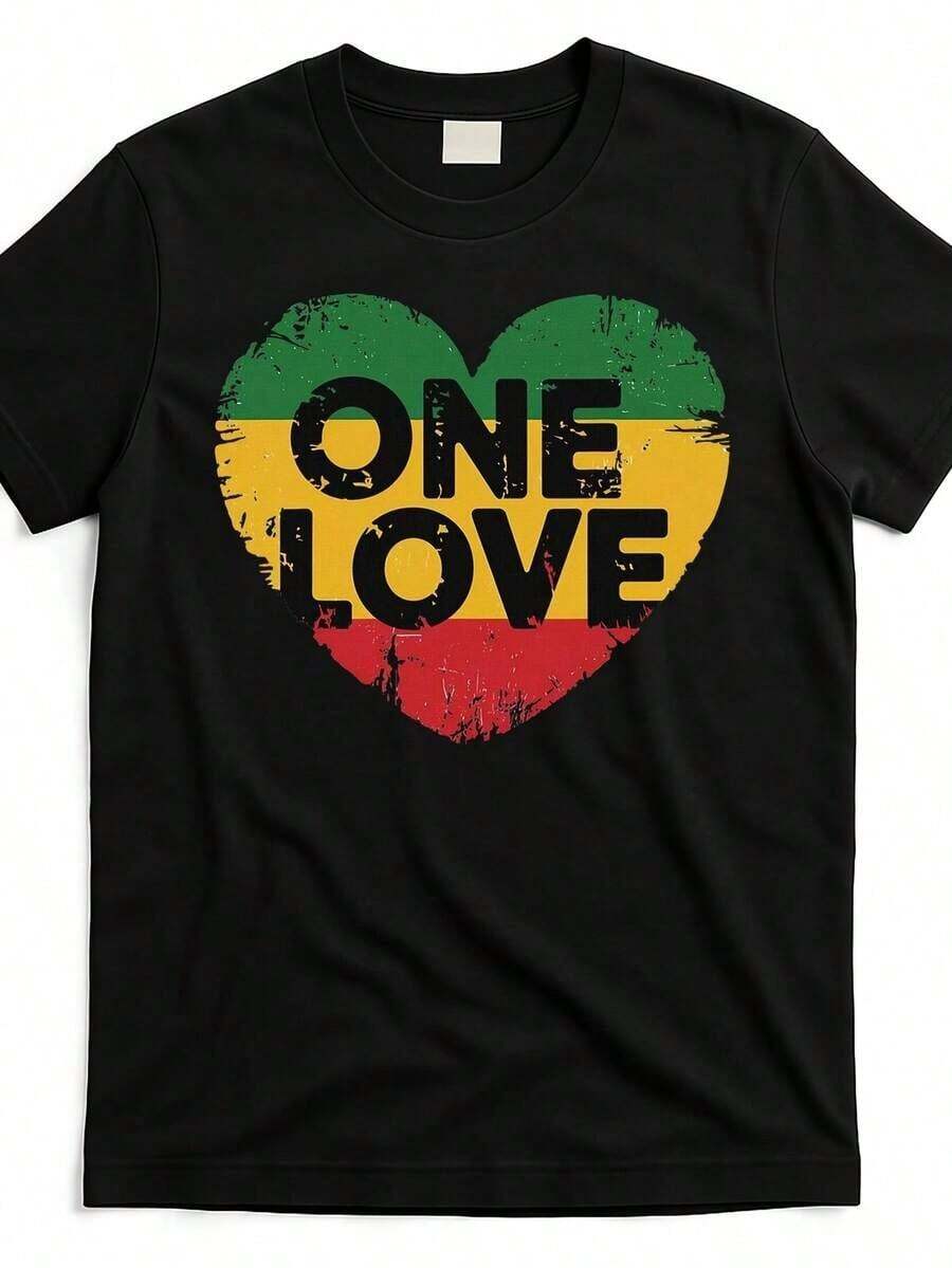 Summer Tops: Reggae Heart One Love T-Shirt – Black, Unisex, Short Sleeve, 220g Pure Cotton – Ideal For Reggae Fans & Summer. - Black - View 1