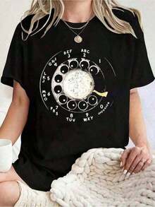 ropa de mujer 1 pieza de camiseta gráfica de algodón, talla grande, ropa de San Valentín para mujer, camisetas estampadas con diseño de teléfono rotatorio de estilo retro de moda 2026, casuales y cómodas, adecuadas para uso diario, muy adecuadas como regalos de cumpleaños para familiares y amigos. Vestido de San Valentín, Y2K, Camisa Oversize para Hombre, Tops de Verano  100% Algodón, Todos los diseños están impresos. Unisexo. camisas de mujer - Negro - Ver 1