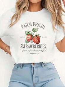 1 Piece Fashion Casual T-Shirt For Men And Women With Fresh Farm Strawberry Print, Vintage Style, Round Neck, Short Sleeve, Comfortable, White, For Spring And Summer, Versatile Clothing For Women, Easy To Match, For Daily Wear, Urban Style, Holiday Clothes, Weekend Clothes. - 白色 - 查看 7