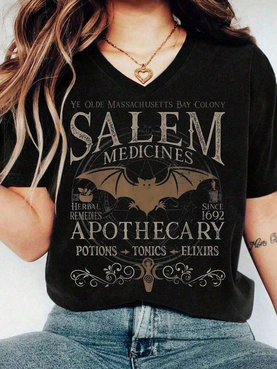 Blusa de mujer de talla grande para primavera/verano, cómoda y holgada, camiseta negra con estampado de letras, cuello en V, manga corta - Negro 2 - Ver 1