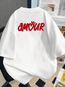 180g Cotton Short Sleeve T-Shirt - Short Sleeve T-Shirt With Front And Back Print - AMOUR, French Love - Fashionable Printed T-Shirt For Women, Spring/Summer, Short Sleeve, For All Seasons, Fashion Clothing - Unisex. - 白色 - 查看 2