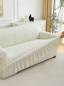 1pc Plush Jacquard Ruffled Elastic Sofa Cover, Dust-Proof And Dirt-Resistant, Stretch-To-Fit Full Coverage Sofa Protector, Home Decor, Machine Washable, Pillow Cover Not Included - White - View 5