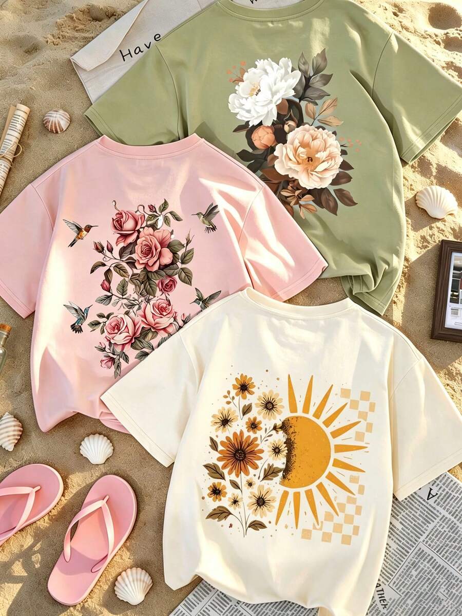 Tween女孩3件組花卉印花短袖T恤套裝,夏季上衣,青少年學生女孩服飾 - 彩色 - 查看 1