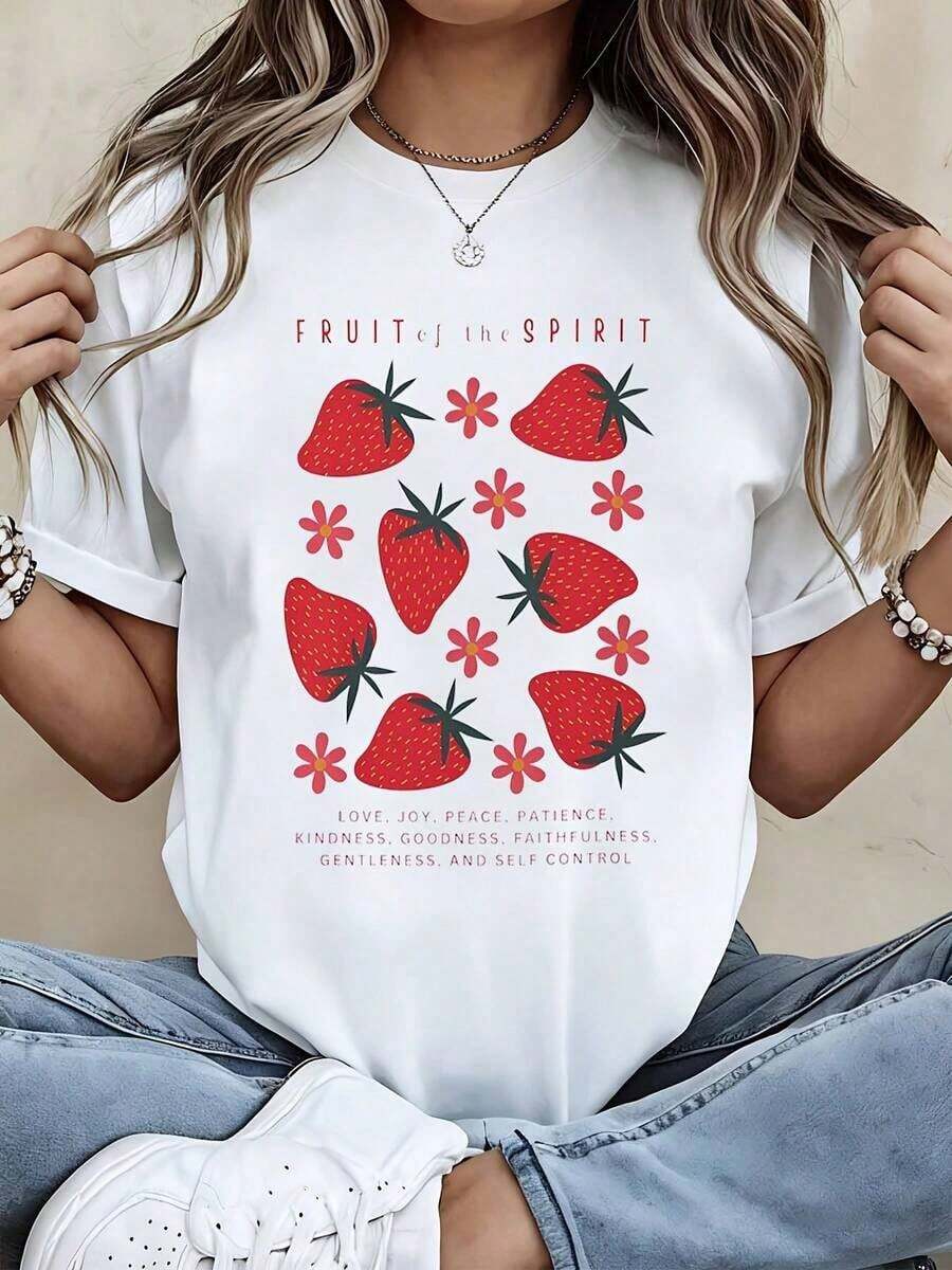 FashionNEWFruit Of The Spirit White Casual Short Sleeve T-Shirt With Strawberry And Flower Print And Inspirational Text - Unisex Vintage Urban Style Loose Cotton Crew Neck - 白色 - 查看 1