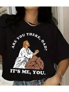 Christian Graphic T-Shirt For Men And Women - Prayer Design "Are You There, Dad?", 100% Cotton, Loose Fit Casual Short Sleeve, Father's Day Gift, Unisex Spring Summer T-Shirt, Unisex Clothing, Geometric Print, Machine Washable, Breathable - 黑色 - 查看 1