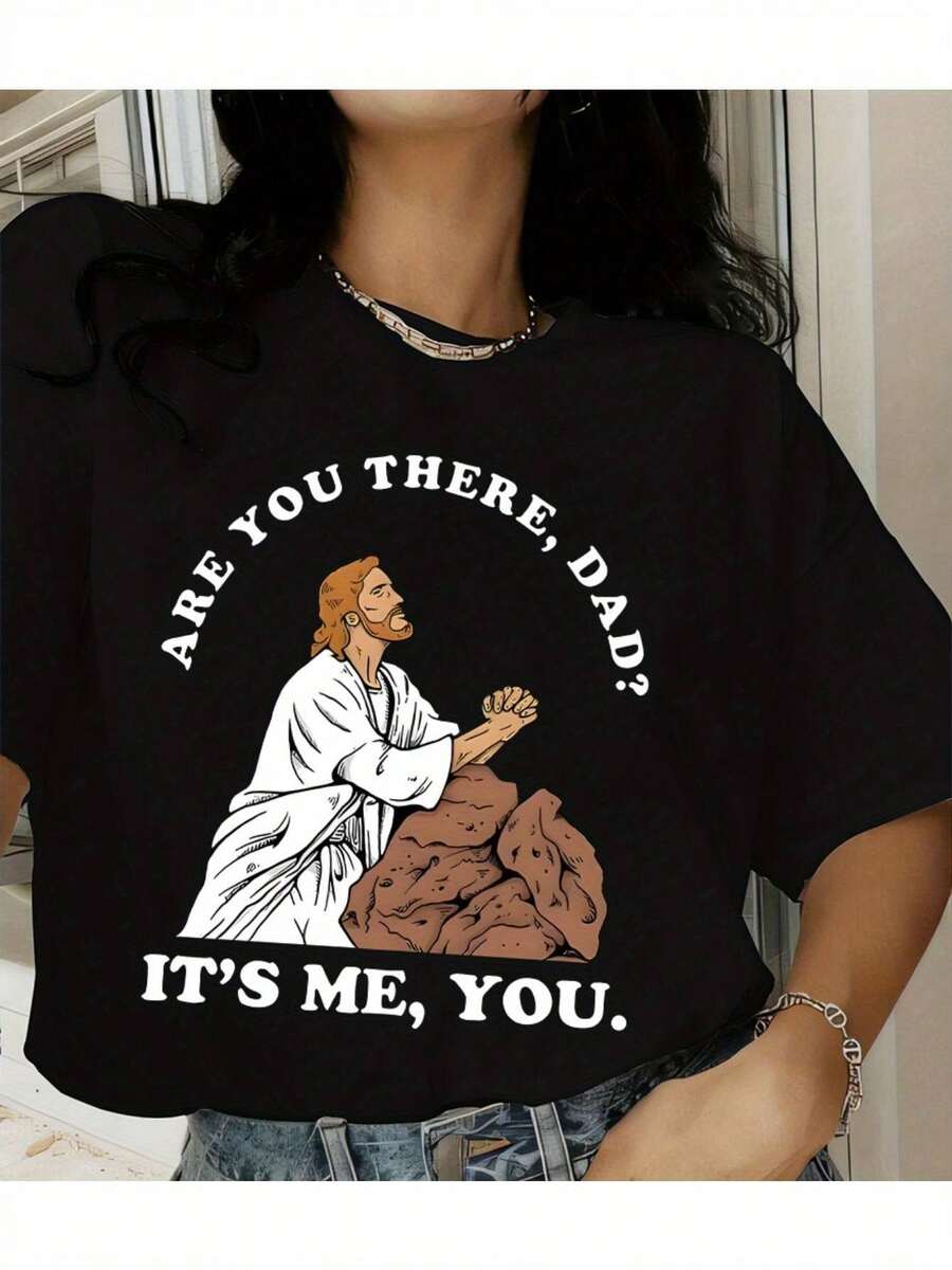 Christian Graphic T-Shirt For Men And Women - Prayer Design "Are You There, Dad?", 100% Cotton, Loose Fit Casual Short Sleeve, Father's Day Gift, Unisex Spring Summer T-Shirt, Unisex Clothing, Geometric Print, Machine Washable, Breathable - 黑色 - 查看 1