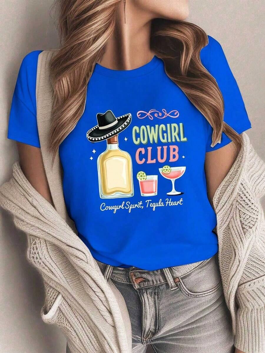 ComfortableCamiseta ligera de mezclilla para mujer, estilo cóctel/club con temática de tequila - Diseño totalmente occidental, con estampado de sombrero de vaquero y tequila, así como un diseño de cactus, con letras de mezclilla rosa, adecuada para uso casual en todas las estaciones en fiestas campestres, rodeos y eventos de temática mexicana. 100% algodón, una opción popular. Camiseta holgada y versátil de manga corta para mujer. - Azul - Ver 1