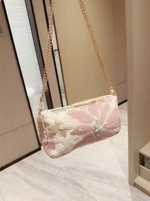 Moonlit Eve Bag, Multicolor Floral Crossbody Shoulder Bag, Fashionable Retro Chain Evening Clutch, Mini Square Box Bag, Suitable For Party Girls, Brides, College Students, Young Professionals, Patterns Randomly Sent - Pink - View 7