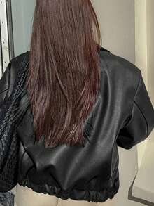 Women's Summer PU Leather Jacket, Windproof Moto Biker Coat With Lapel Collar, Zipper Closure, Elastic Hem, Loose Slim Fit, Casual Commuter Outerwear - Black - View 3