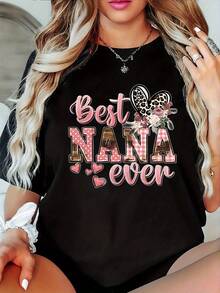 Women's Casual T-Shirt 2026 - "Best Grandma" Print, Round Neck, Short Sleeves, Slightly Stretchy Fabric, Comfortable And Stylish For All Seasons, T-Shirt - 黑色 - 查看 6
