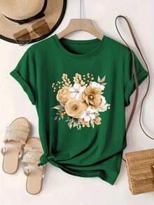 Round Neck T-Shirt With Floral Print, Casual Short Sleeve Top. A Very Distinctive Printed T-Shirt / Unisex Style / Suitable For Both Men And Women / Wrinkle Resistant / Breathable - 黑色 - 查看 6