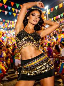 Carnival Festival Coin-Embellished Halter Crop Top With Multi-Layer Coin Hip Wrap For Parade, Rave & Themed Party (Available In Multiple Colors) - Multicolor - View 10