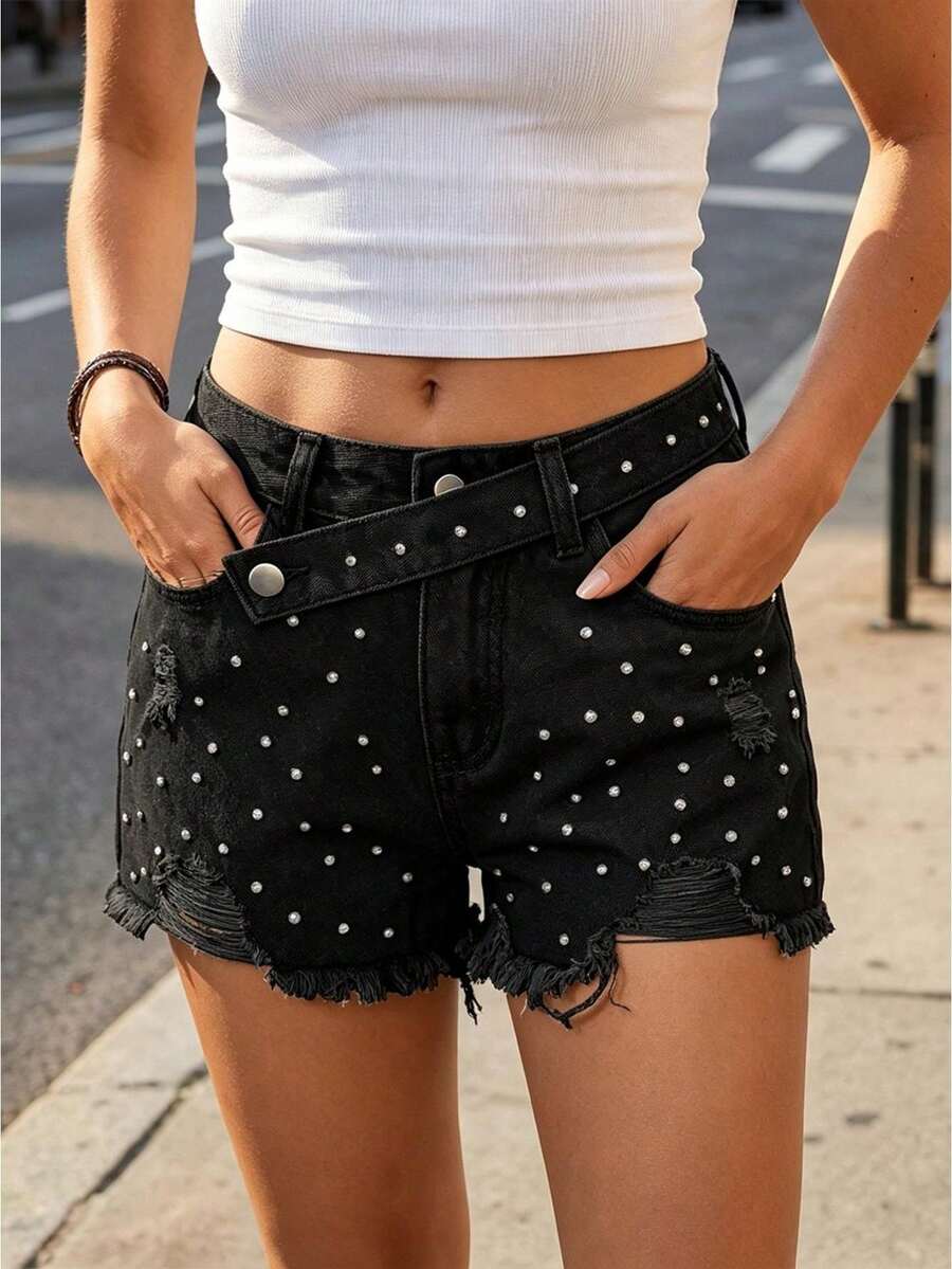 Women's Summer Ripped Denim Shorts Washed Rhinestone Streetwear Jeans Shorts With Pockets - Black - View 1