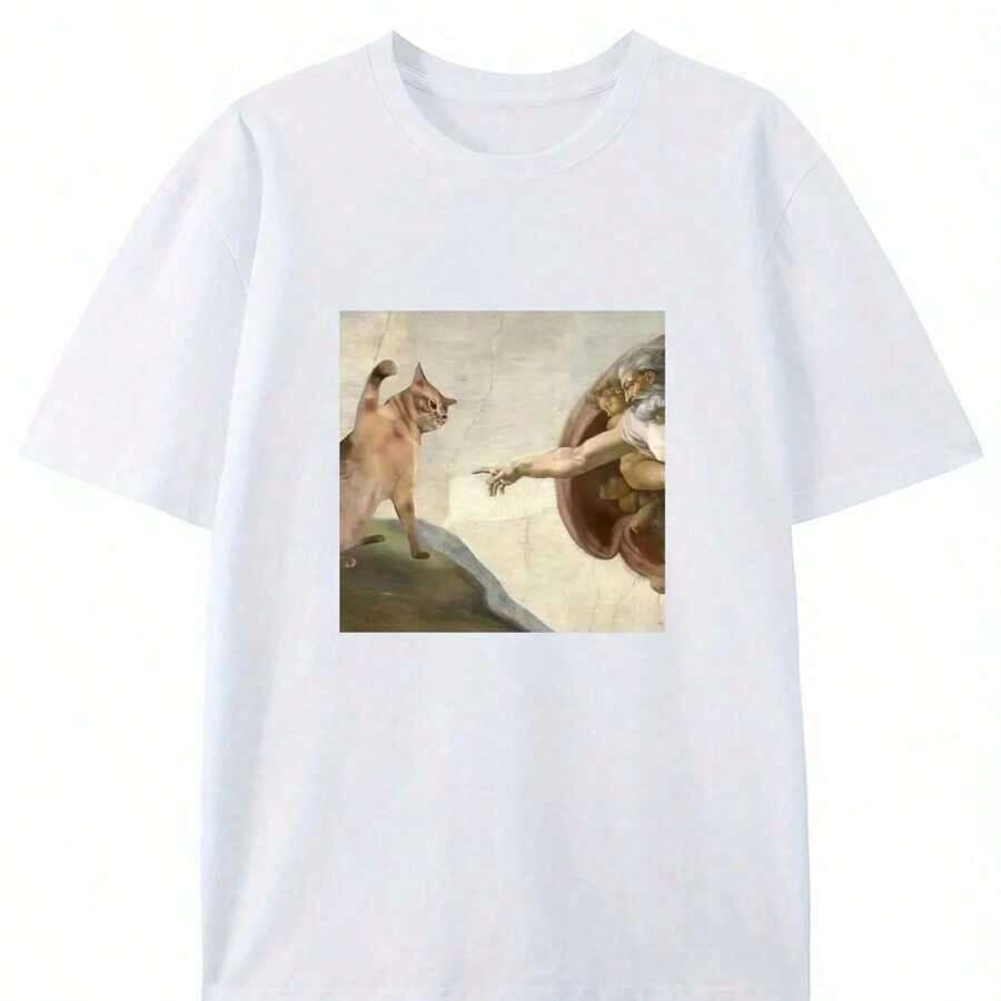 Versatile Short-Sleeve T-Shirt In Pure Cotton With Fun Eye Design, Classic European And American Style, For Couples - Putih - View 1