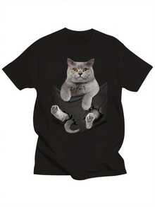 Men's Plus Size Cotton T-Shirt With British Shorthair Cat Peeking Out Of Pocket - Casual Crew Neck, Short Sleeve, Machine Washable, Spring Summer Autumn Essential, Everyday Comfort, Fun Graphic, Easy Care Clothing, PLUS SIZE - 黑色 - 查看 7
