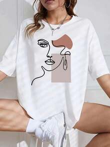 Soft, 100% Cotton T-Shirt In A Casual And Fashionable Style, Featuring A Circular Pattern Print With Human Face Lines And A Color-Block Design. This Women's Summer T-Shirt Has A Relaxed Fit And Is Available In Plus Sizes, Offering Comfort, A Loose Fit, And Breathability. It Goes With Everything And Looks Great. - 白色 - 查看 1