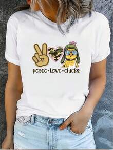 Women's T-Shirt With Chicken And Peace Print - Short Sleeve, Round Neck, With A Cute Chicken Design, Machine Washable, Suitable For Casual Wear In Spring And Summer, For Easter Gifts, Daily Wear, Poultry-Themed Outfits - Unisex Vintage Urban Style T-Shirt, Made Of Cotton, Short Sleeve And Round Neck. - 白色 - 查看 7