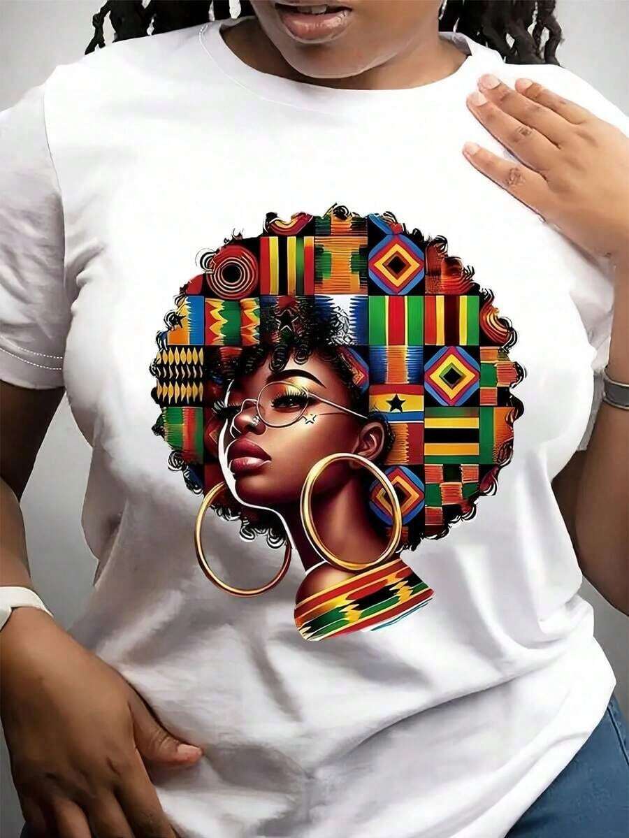 Camiseta con Estampado Gráfico de Reina Africana, Manga Corta, Cuello Redondo, Diseño Afrocentrífico Vibrante, Top Casual de Verano para Mujer, Ajuste Elegante y Cómodo, Ropa Versátil, Camiseta con Estampado Vibrante, Camiseta de Algodón - Blanco - Ver 1
