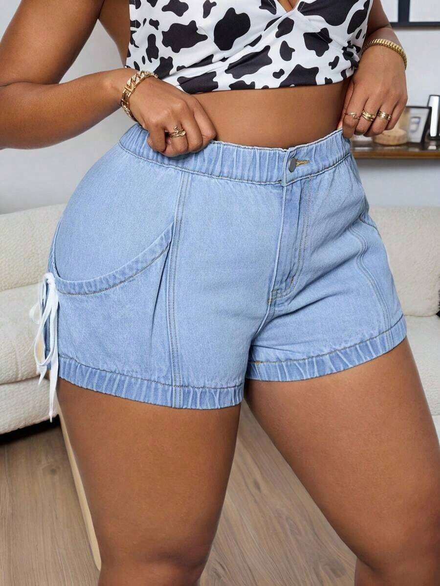Shorts vaqueros casuales con dobladillo elástico para mujer talla grande, shorts vaqueros mini de moda para festivales de verano - Azul - Ver 1