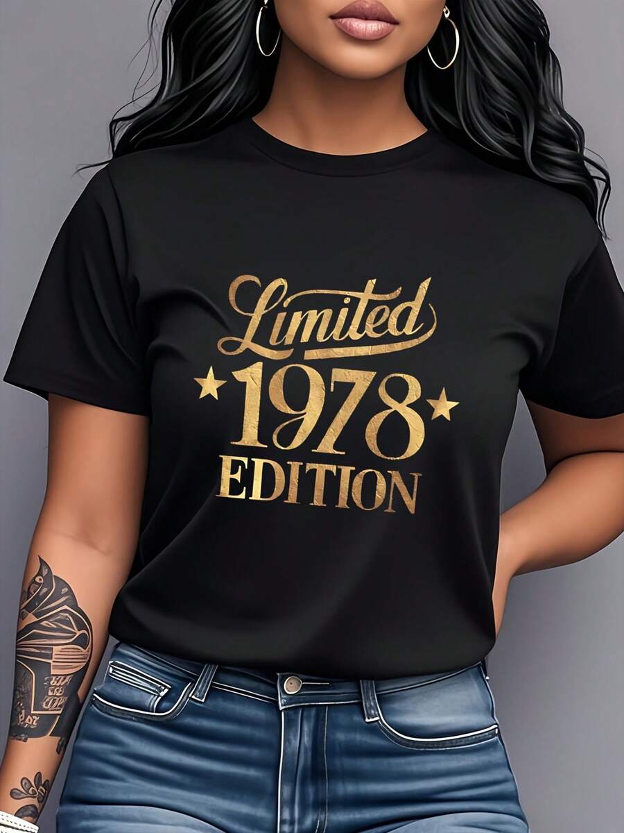 Women's T-Shirt Made Of Pure Cotton, Casual Loose Style, Limited Edition 1978, Printed, Short Sleeve And Round Neck, With Vintage Gold Design, Unique And Modern, Versatile Casual Wear, Suitable For Everyday Wear, Parties And As A Birthday Gift. - 黑色 - 查看 1