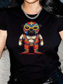 New Arrivals For Summer. Women's Pug Fighter Dog Print T-Shirt - Fighter Costume Design, Soft Crew Neck, Casual T-Shirt For Theme Parties, Role-Playing, And Casual Wear - Machine Washable, All-Season Comfort (Black With Blue And Red Mask) - Fun Gift For Pet Lovers. Blouse, Shirt > Beautiful. - 黑色 - 查看 10