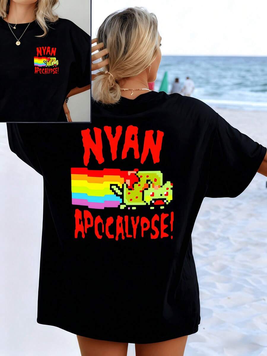 Pixelated Rainbow Symbolizing The Creativity And Energy Of The Universe, Along With Vibrant Red Lettering Expressing The Power Of Imagination. Women's T-Shirt With A Modern And Casual Double Print For Summer - Black - View 1