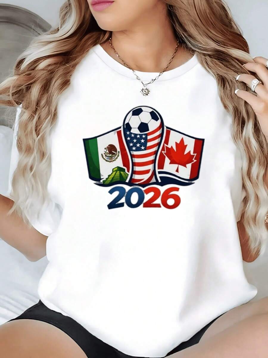 Flags Of Mexico, The United States, And Canada Alongside A Soccer Ball Symbolize Sporting Unity And International Spirit To Celebrate The Passion Of Soccer And Friendship Between Nations. A Modern, Comfortable, Casual Women's T-Shirt For Everyday Wear. - 白色 - 查看 1