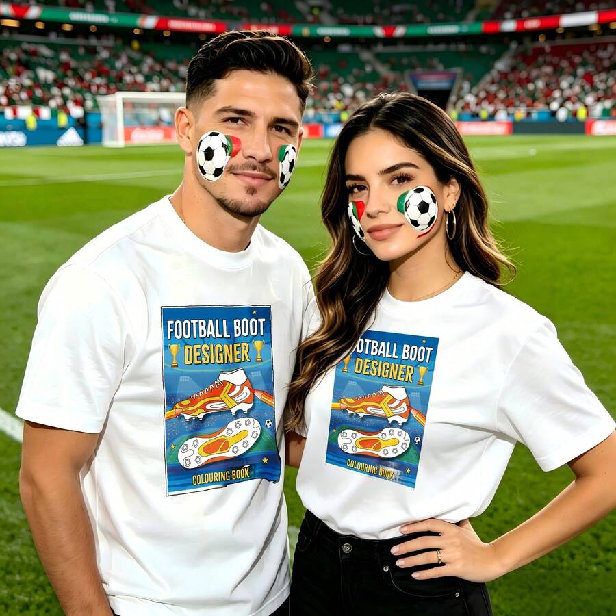 Couple Football Pattern T-Shirt, 100% Cotton, Loose Fitting, Soft And Breathable, Casual Round Neck Short Sleeved Top Football Boot Pattern Designer Print Printed Patterns, Dating, Leisure Travel, Gatherings, Simple Cartoon Printing Style, High Cost-Effectiveness Suitable For Watching Live Sports - 白色 - 查看 1