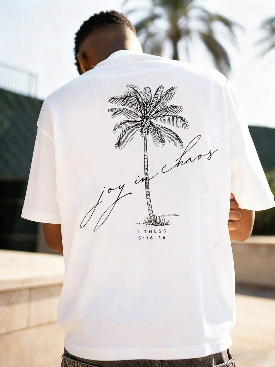 Men's Fashionable Versatile Coconut Tree Print Round Neck T-Shirt, Summer - White - View 1