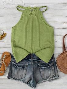 Camiseta de tirantes de algodón de unicolor y versátil para mujer, adecuada para primavera y verano - Verde 2 - Ver 3