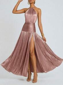 Vestido ajustado cuello halter espalda descubierta cintura marcada elegante primavera 2026 - Rosa - Ver 5