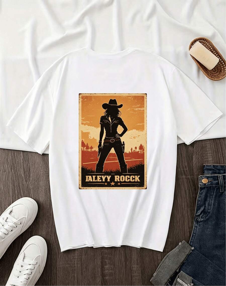 Affordable Women's T-Shirt, Cowboy Style, Retro, Rock, Western, With Cowgirl Silhouette Print, Short Sleeve, Casual And Fashionable, Summer Fitted Cut, Round Neck. - 白色3 - 查看 1