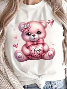 Women's Valentine's Day Teddy Bear Print T-Shirt - Soft And Breathable Green T-Shirt With Pink Hearts And "I Love You" Design, Casual Short Sleeve Spring And Summer T-Shirt, Valentine's Day T-Shirt - 黑色 - 查看 8