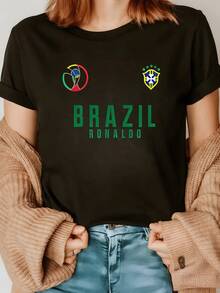 Symbols That Evoke The Passion For Brazilian Football And The Spirit Of Unity With Vibrant Colors And National . Modern Casual Women's T-Shirt For Sports Fans - 黑色 - 查看 8