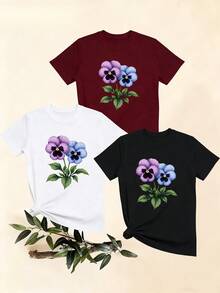 Women's T-Shirts, Women's T-Shirts, Casual One-Piece Printed T-Shirt With Floral Design, Comfortable Top, Women's Clothing, Summer Short Sleeve. - 1件黑色隨機圖案 - 查看 1