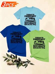 Women's T-Shirts, Women's T-Shirts, Casual One-Piece T-Shirt With A Fun Campervan Print. Forecast Of The Day: Road Trip And Snack Time. Comfortable And Breathable T-Shirt. - 1件黑色隨機圖案 - 查看 6