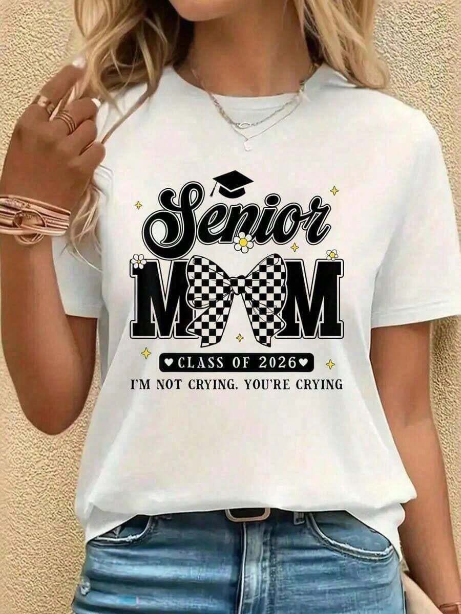 1 Piece Of Spring/Summer Clothing, 100% Pure Cotton, Funny T-Shirt With "Proud Mom Of A 2026 Graduate, Class Of 2026" Print, For Women, Comfortable And Cozy Summer Styles, Women's Holiday Outfits, Suitable For Women's Casual Daily Wear, 180g 100% Cotton. - 白色 - 查看 1