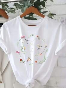 Plus Size, Plus Size Clothing For Women, Plus Size T-Shirt For Women, Casual Short Sleeve Crew Neck Top, Medium Stretch Fabric, Machine Wash, Comfortable Fit For All Seasons, Women's T-Shirt, Unique 2D Flat Print T-Shirt, Comfortable Fit, 2D Flat - 白色 - 查看 8