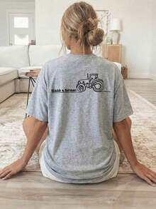 Summer Tops[Double-Sided Print] Women's T-Shirt, Short-Sleeved Round-Neck Casual Top, Featuring A Tractor Graphic With The Text "Thank A Farmer." Mach - 灰色 - 查看 3