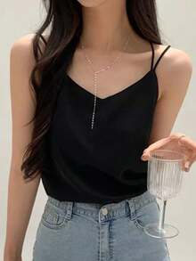 Top de tirantes cruzados en la espalda con cuello en V de unicolor para mujer - Negro - Ver 1