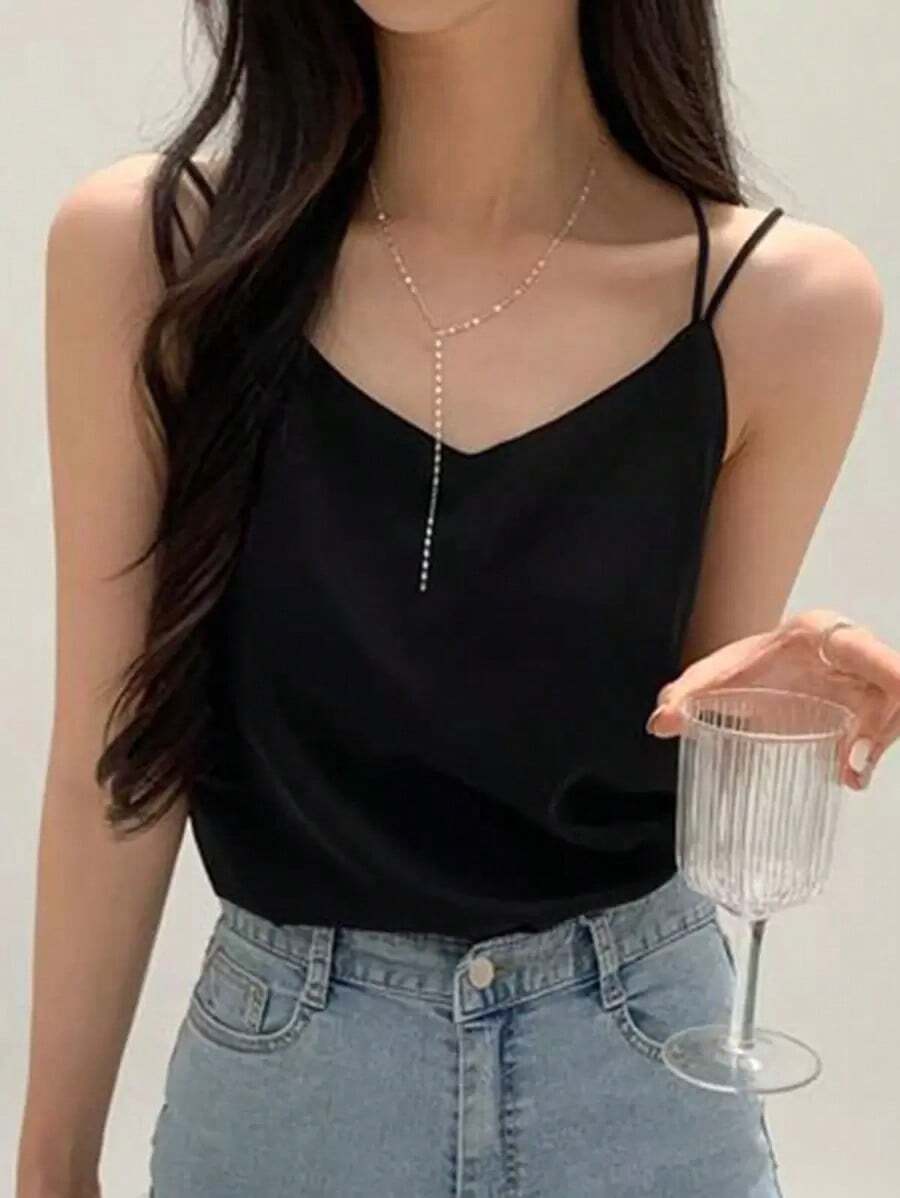 Top de tirantes cruzados en la espalda con cuello en V de unicolor para mujer - Negro - Ver 1