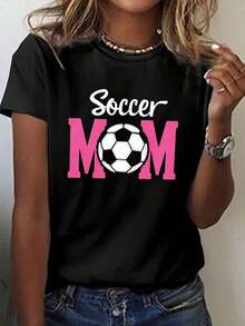 1 Piece, Classic And Versatile Pure Cotton Short-Sleeved T-Shirt, Ideal For Any Season, With A Feminine Soccer Mom Design, Modern Style.Jpg - Black - View 1