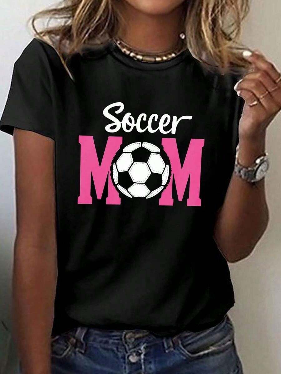 1 Piece, Classic And Versatile Pure Cotton Short-Sleeved T-Shirt, Ideal For Any Season, With A Feminine Soccer Mom Design, Modern Style.Jpg - Black - View 1