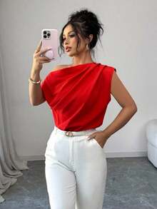 Blusa de unicolor con cuello asimétrico y plisado a la moda para mujeres - Rojo - Ver 1
